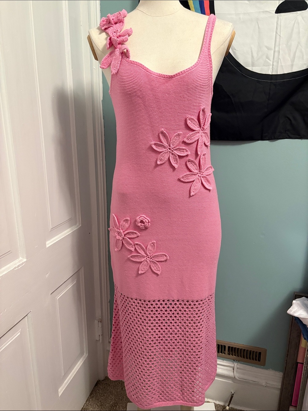 Pink Crochet Maxi Dress with Floral Appliqué